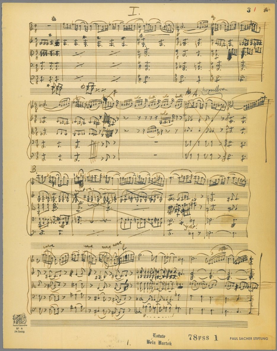 Béla Bartók, Divertimento für Streichorchester (1939), Partiturentwurf, S. 1 (Sammlung Béla Bartók)