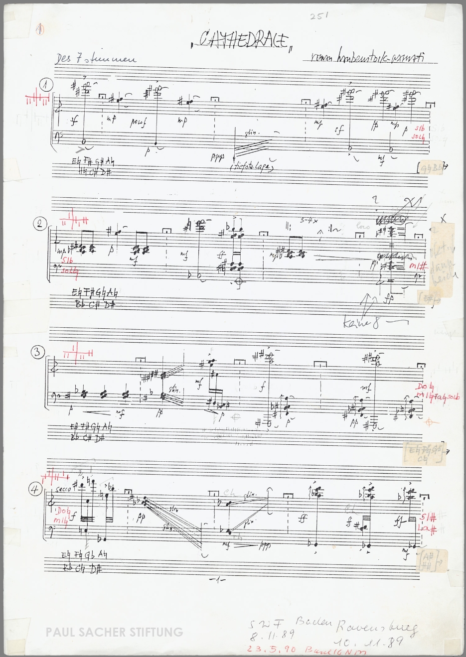 Roman Haubenstock-Ramati, Cathédrale I for harp solo (1988). Photocopy of fair copy with performance annotations by Ursula Holliger, p. 1
